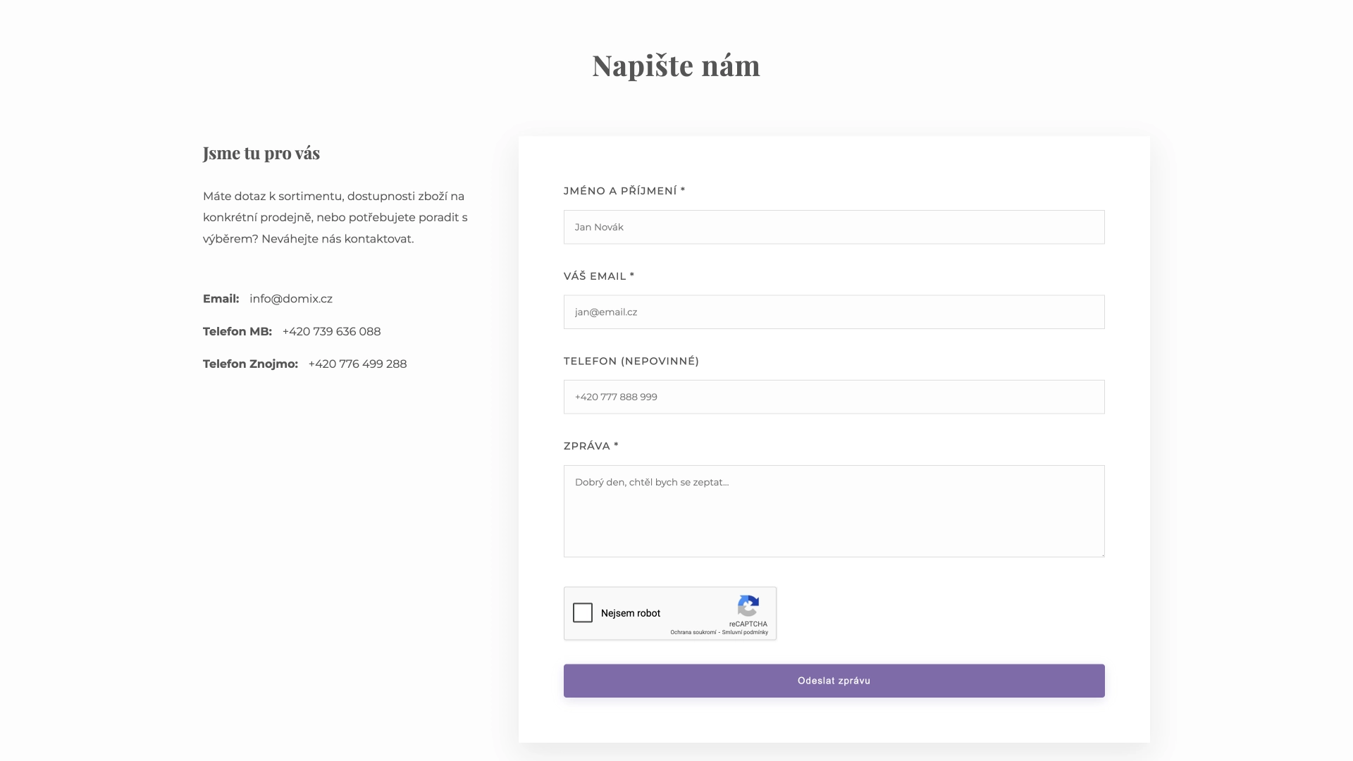 Domix stránka kontaktního formuláře